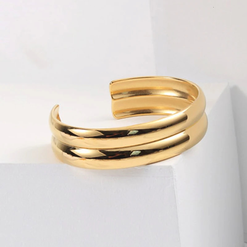 Double curved layered wide gold color open cuff bangle bracelet for women stainless steel thick hyperbole minimalist bangle cool 240712