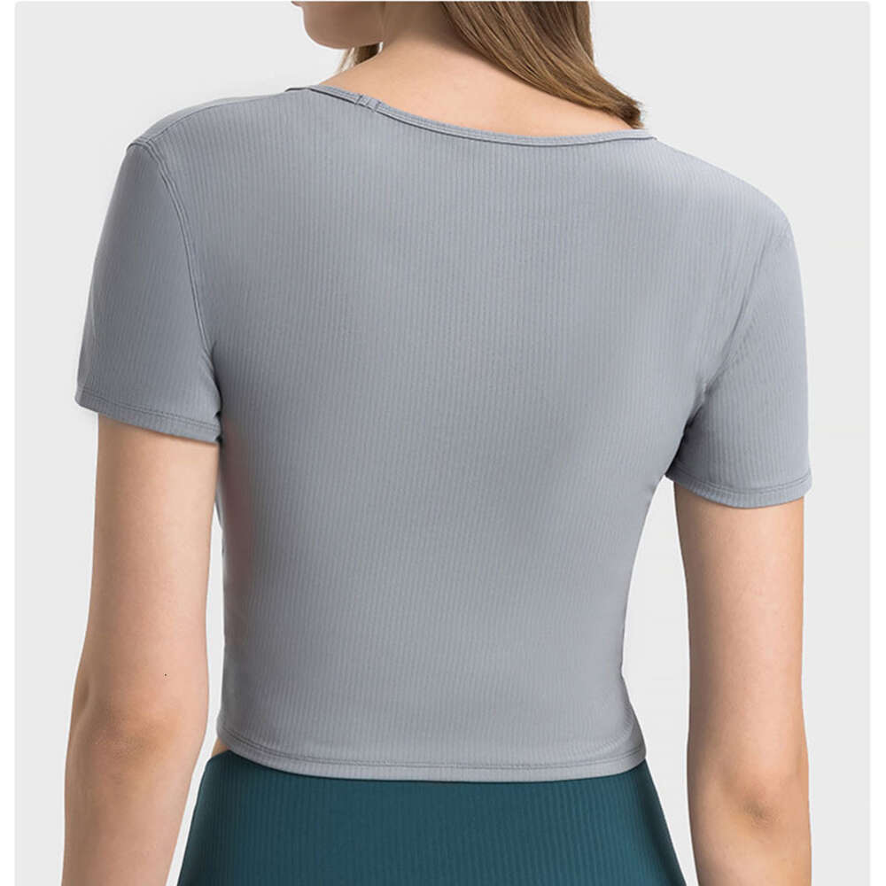 2025--Ribbed Women Fitness Sports Top Yoga Outfits Short Sleeve Gym Clothing Quick Dry Run Train Slim Shirts Casual V-Neck Workout T-Shirts