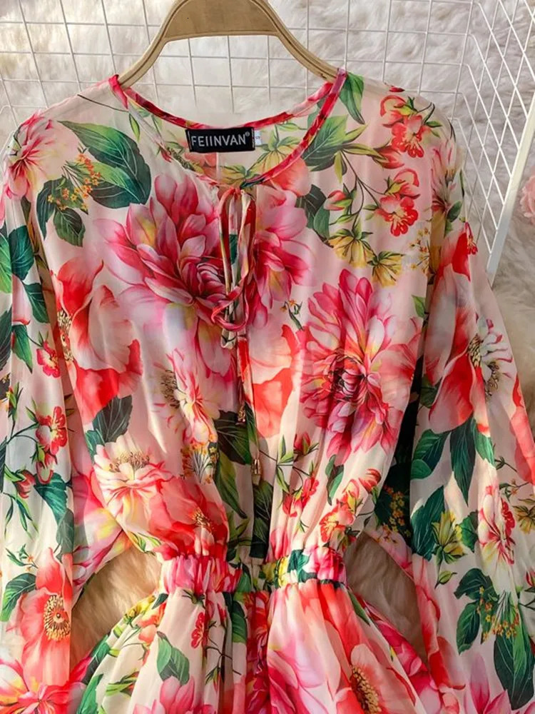 Spring Summer Holiday Bohemian Flower Maxi Dress Women Bow Tie Collar Floral Print Elastic Waist Large Hem Chiffon Vestidos 240712