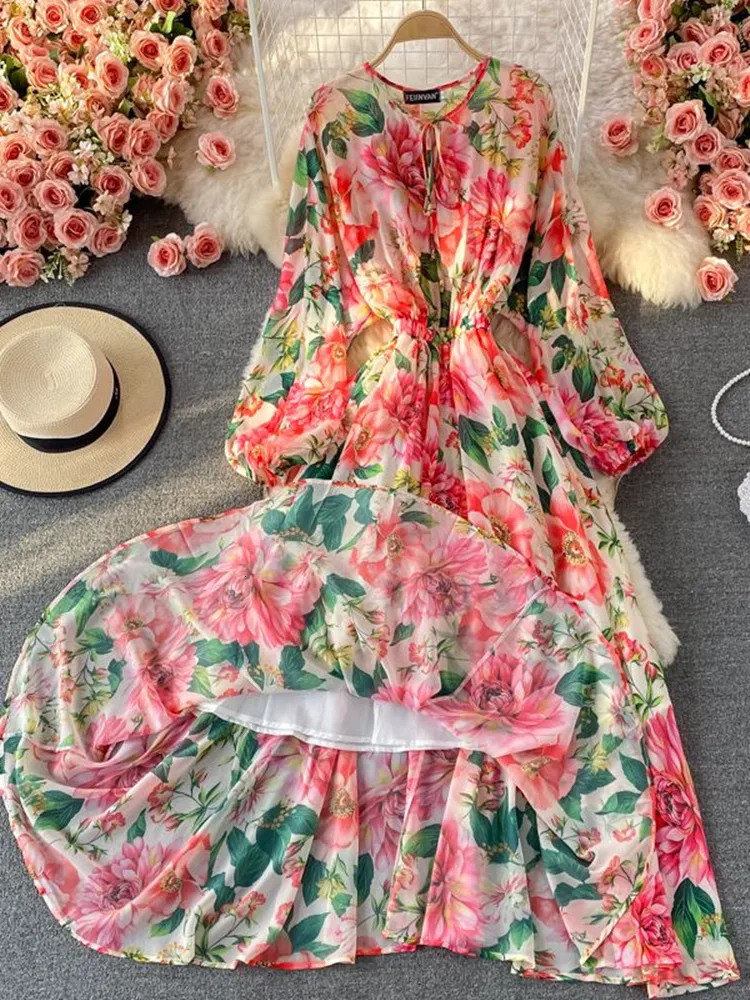 Spring Summer Holiday Bohemian Flower Maxi Dress Women Bow Tie Collar Floral Print Elastic Waist Large Hem Chiffon Vestidos 240712