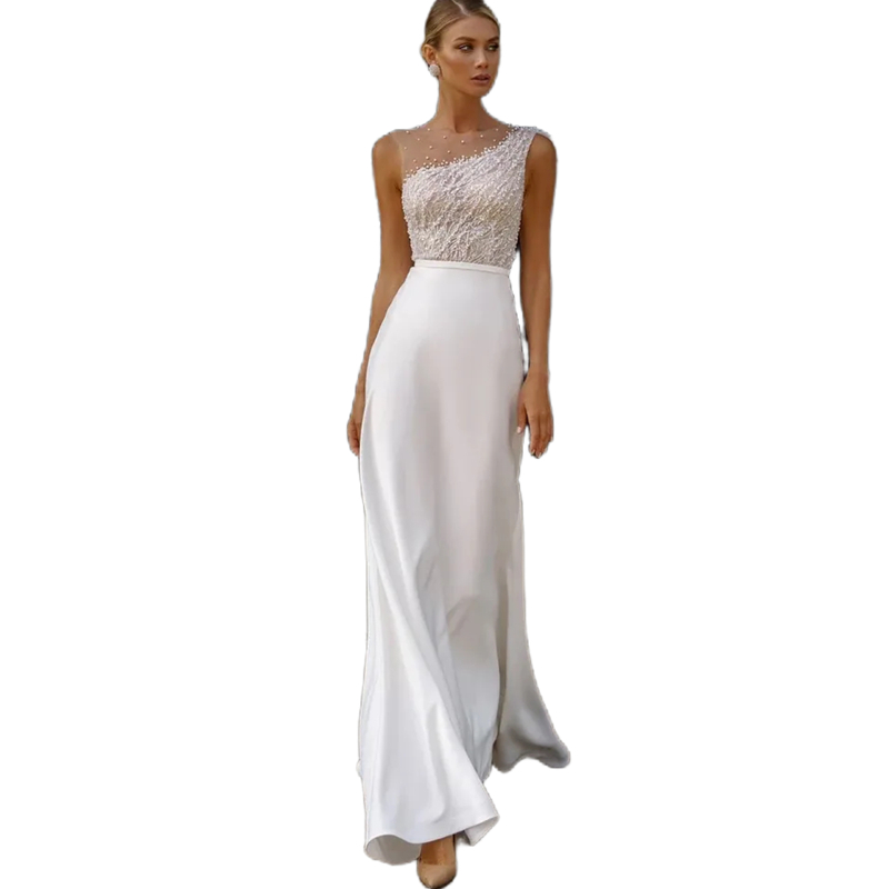 Illusion One Shoulder A-e Wedding Dresses With Ribbon Pearls Beaded Lace Appliques Elegant Ivory Satin Long Bridal Gowns Sleeveless Sheer Jewel Neck