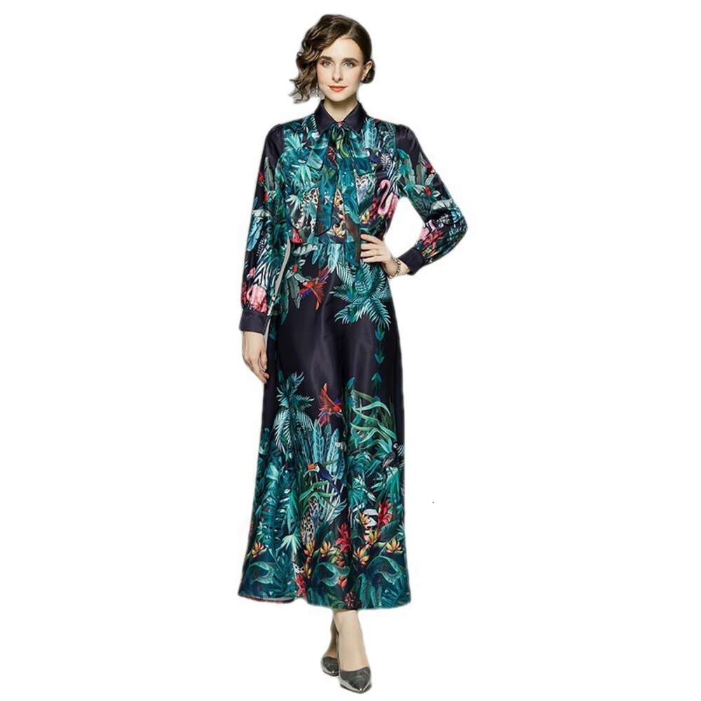 Womens Spring Elegance Long Sleeved Fashion Versatile Waist Wrap for Slimming Positioning Printed Dress Muslim Temperament Oversize Dress Round Neck D