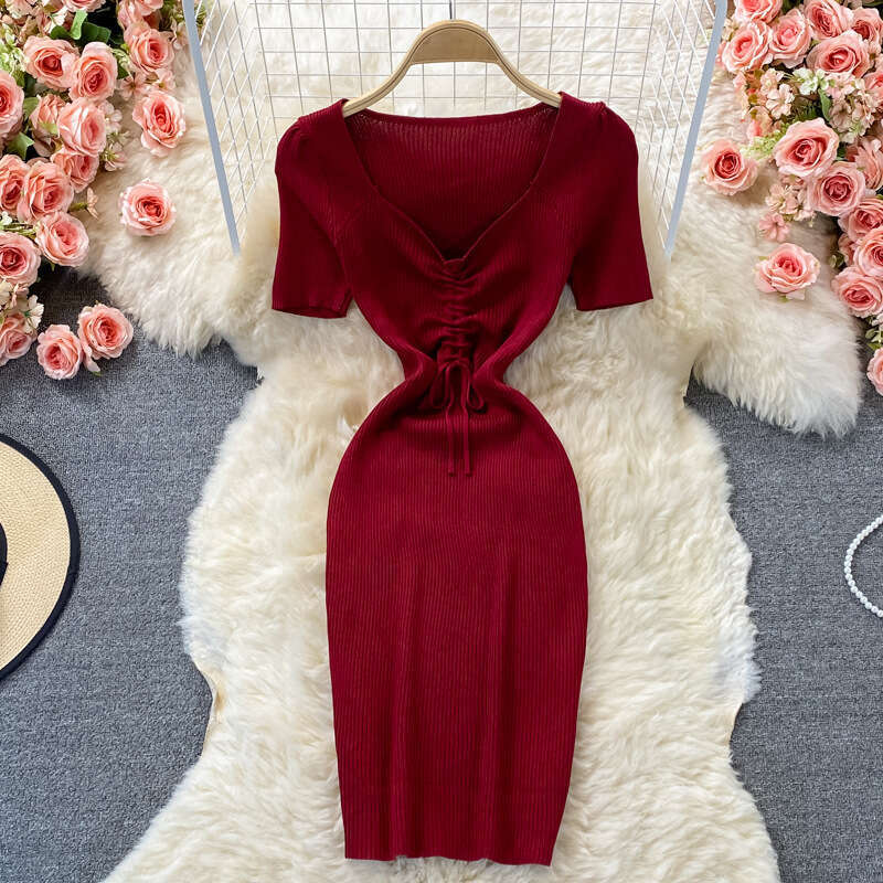 Square Neck Elastic Knitted Dress Summer New Korean Version Waist Cinching Slimming Temperament Drawstring Tight Fitting Hip Hugging Short Skirt Denim