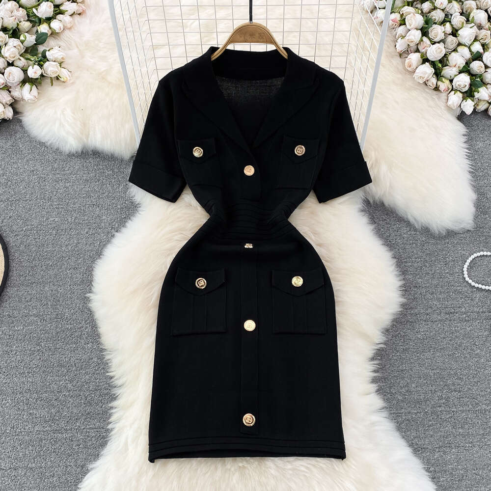 Elegant Small Figure Short Skirt That Covers the Butt, Womens Westernization, Age Reduction, Slimming Appearance, Ice Silk V-neck Knitted Dress with A