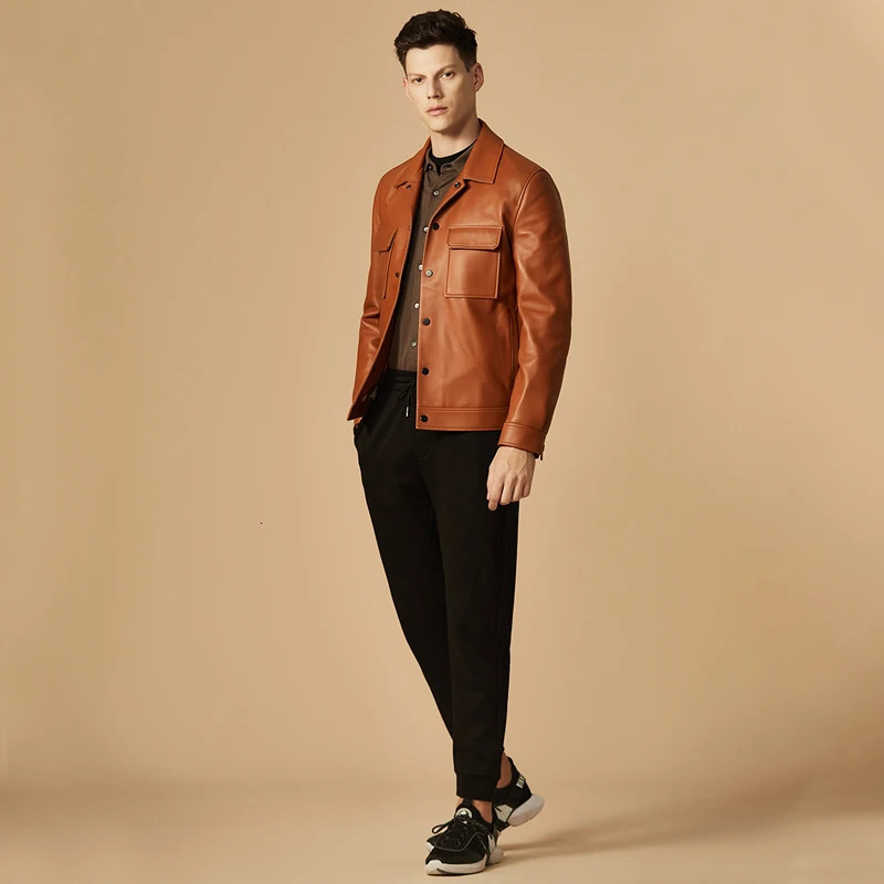 Brown leather jacket for men British fashion autumn product sheepskin jacket high-quality customized cowhide jacket coat 240716