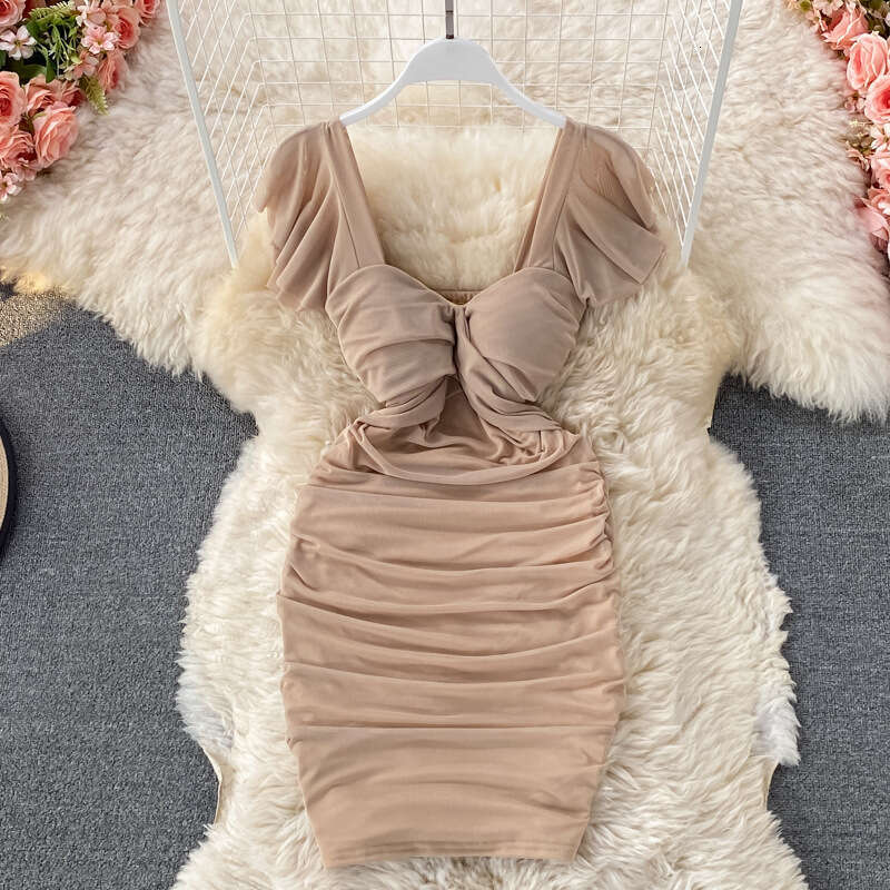 2023 Summer New French Sexy High Waist Slim Folded Square Neck Wrapped Hip Short Sleeve Party Dress Self-cultivation Pregnant Womens Dress Lace Dress