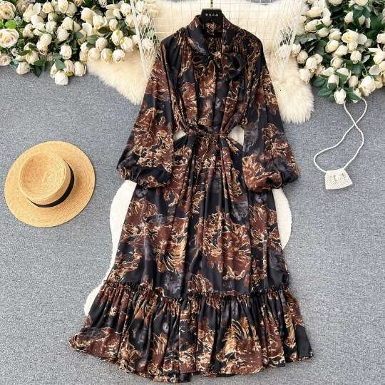 Gentle Style Tea Break Skirt with A High-end Feeling, Bow Tie, Lantern, Long Sleeves, Waist Cinching, Slim and Ruffled Edge Dress for Women Silk Dress
