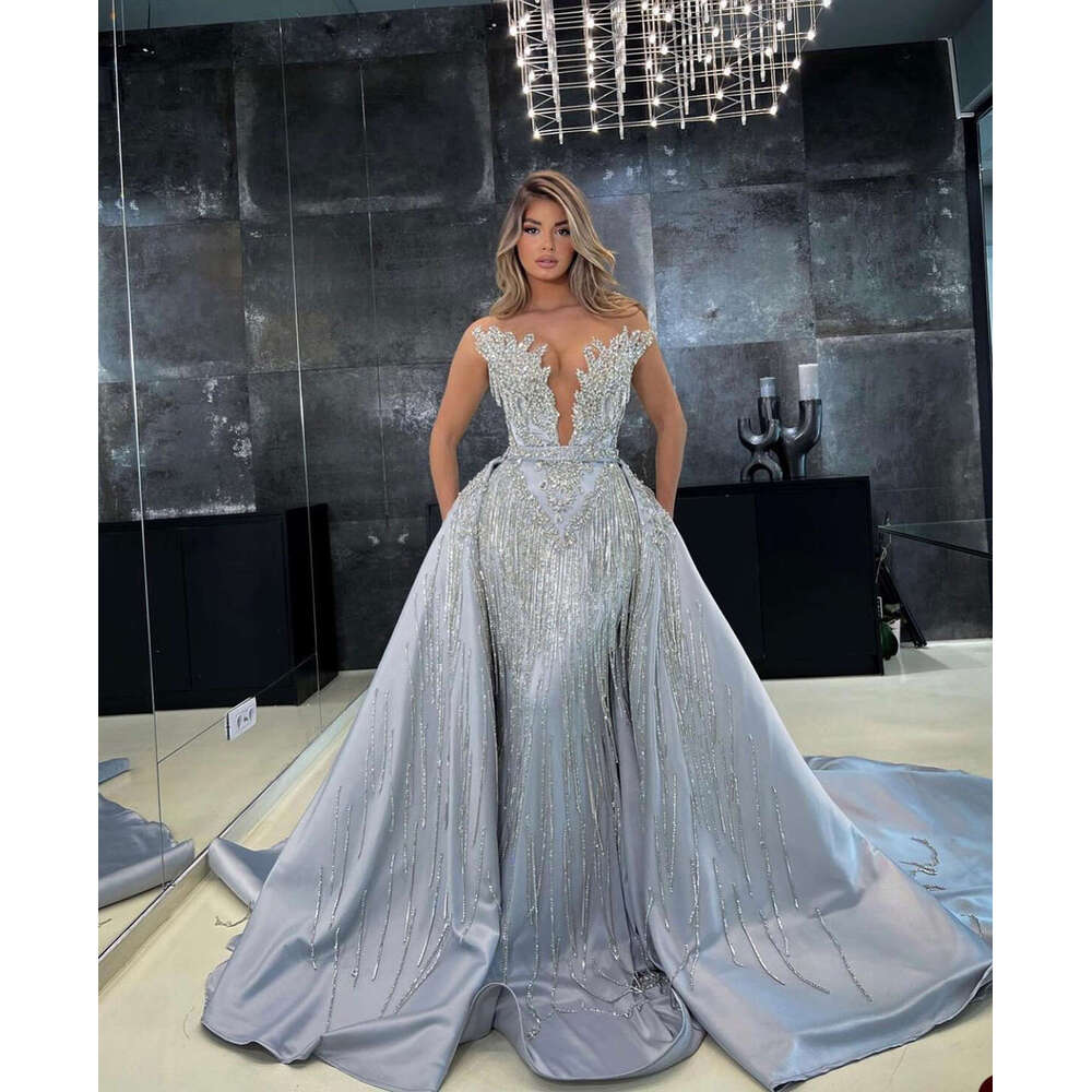 Sexy Crystal Evening Dress Mermaid Deep V Neck Prom Gowns Sweetheart Sequins Detachable Train Party Dresses Custom Made 0717