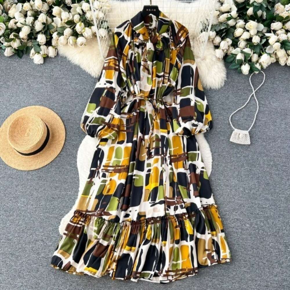 Gentle Style Tea Break Skirt with A High-end Feeling, Bow Tie, Lantern, Long Sleeves, Waist Cinching, Slim and Ruffled Edge Dress for Women Silk Dress