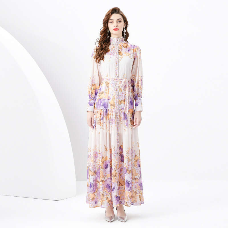 Spring/summer 2024- Palace Style Standing Neck Lantern Sleeves Wave Edge Long Printed Dress Loose Waist Self-cultivation Sexy Bifurcated Oversize Dres