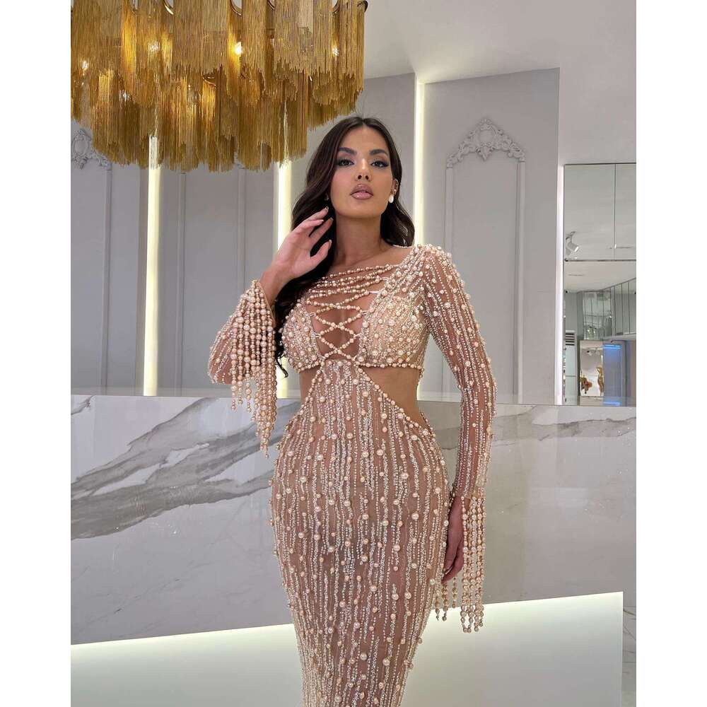 Royal Pearls Champagne Evening Dress Mermaid Long Sleeves Prom Gowns Beaded Sequined Party Dresses Custom Made Lz0304