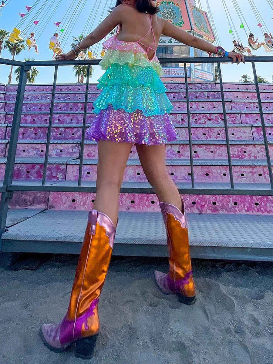 wsevypo Colorful Shiny Sequins Layered Ruffles Dress Summer Street Style Women Spaghetti Strap Party Club Mini Tiered Dress 240716