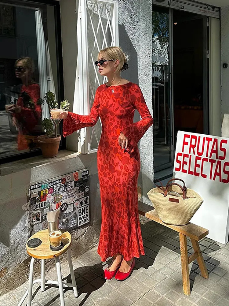 Summer Women Elegant Floral Print Flare Sleeve Maxi Dress Female Chiffon O Neck Printing Slim Beach Holiday Party Dresses 240712