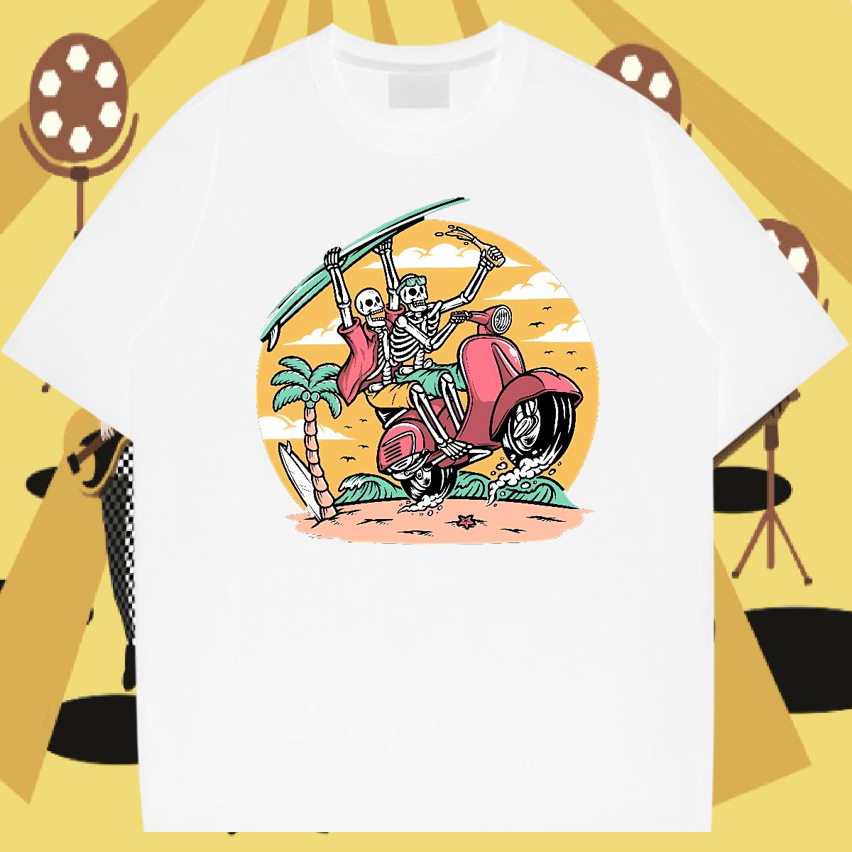 Comfortable Men Tshirts Skeleton 230g Cotton Breathable Crew Neck Hip Hop T Shirts Men Anime Print Casual New Wear