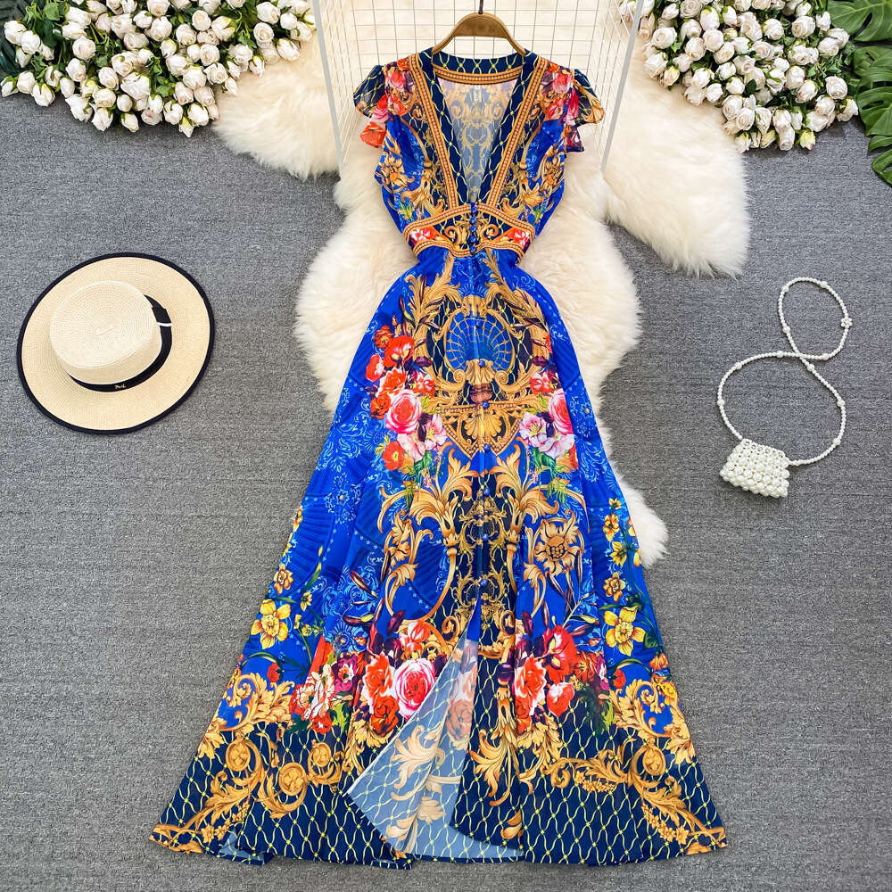 and Elegant Beach Vacation Skirt with Flying Sleeves, V-neck, Waist Waist, Slim Appearance, Single Breasted Print, A-line Large Dress Novelty Denim Dr