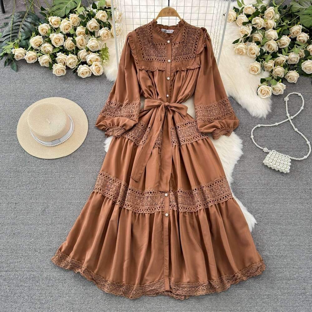 High End, Light Luxury, Socialite Temperament, Lantern Sleeves, Long Sleeved Stand Up Collar, Waist Cinched, Slim A-line Hollow Dress Silk Dress