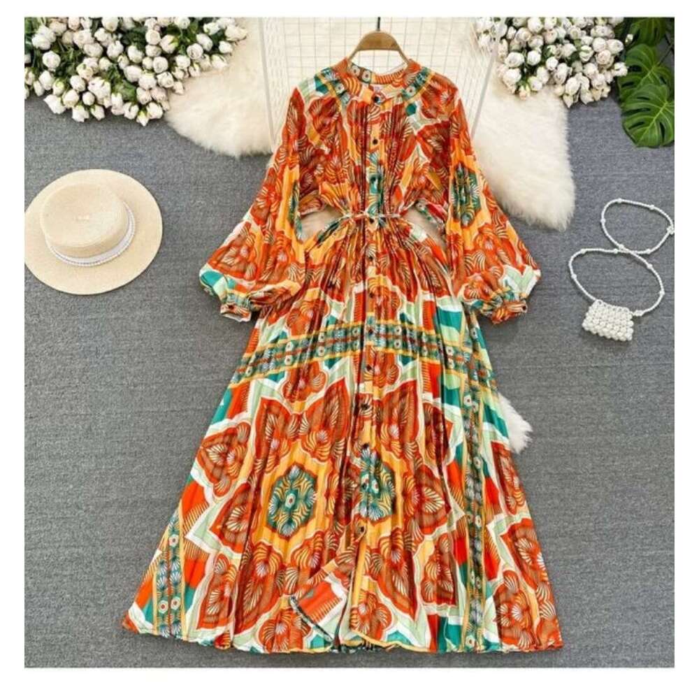 High End, Light Luxury, and Lantern Sleeved Round Neck with A Waistband That Looks Slim, Single Breasted Printed Dress, Elegant Long Skirt High Waist 