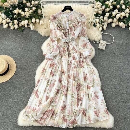 2024 Spring New Sweet Lotus Edge Slim Fit Mid Length Fragmented Chiffon Pleated Tea Break Skirt French Holiday Girl Sexy Round Neck Dress Pregnant Wom