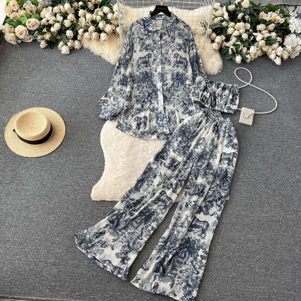 Dopamine Sister Pure Desire Fashion Set Women's Spring/summer Loose Pleated Shirt+bra+draping High Waist Pants Long Summer Dress Novelty Waist Ov