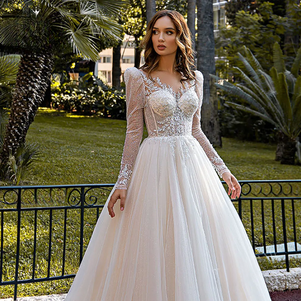 Sweetheart Shiny Wedding Dress 2024 Long Sleeve Beading A-e Court Train Princess Vestido De Novia SwanSarah Bride Gown