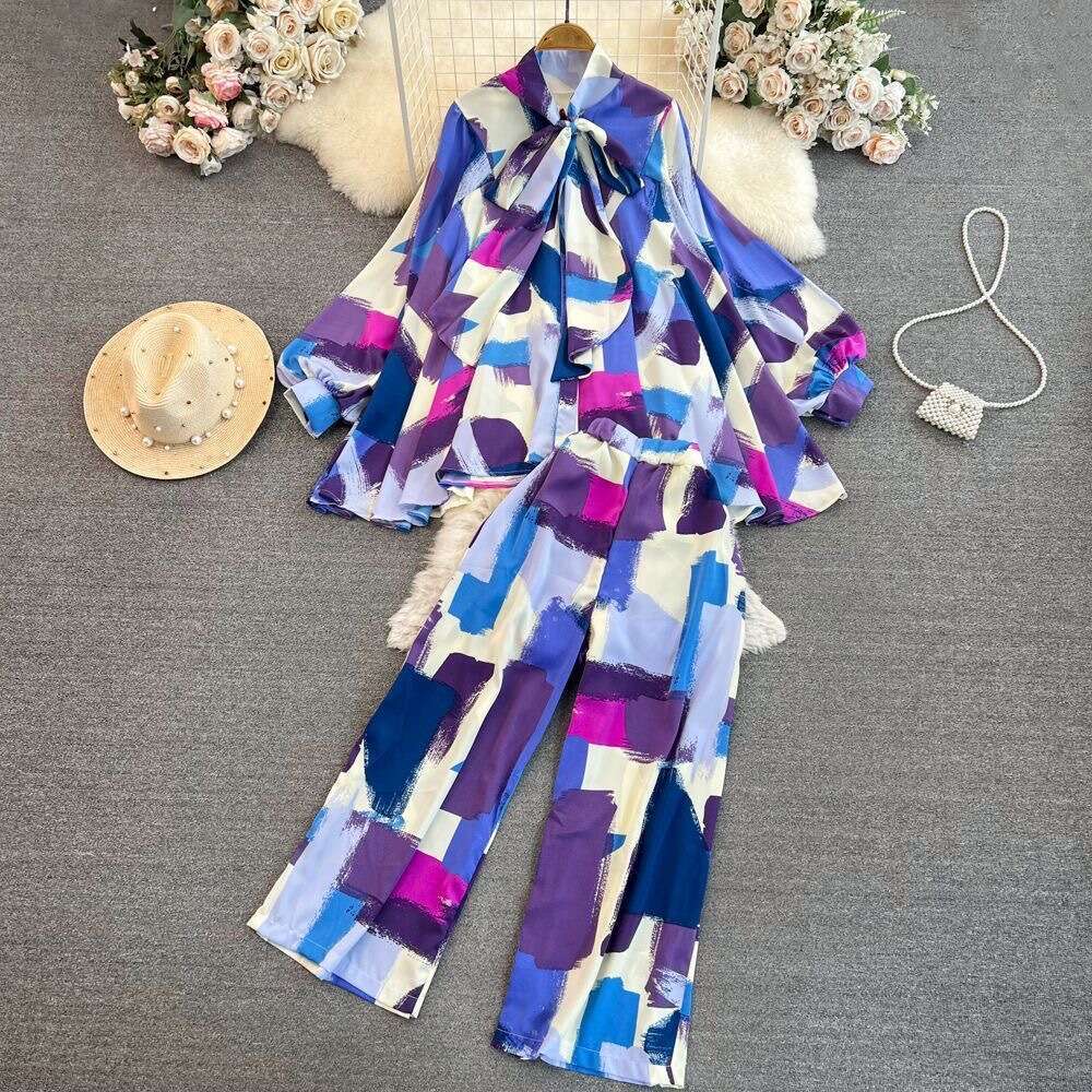 Fashion Womens Korean Version Lantern Long Sleeved Bow Tie Loose Printed Shirt Two-piece Set with High Waisted Wide Leg Pants Round Neck Dress High Wa