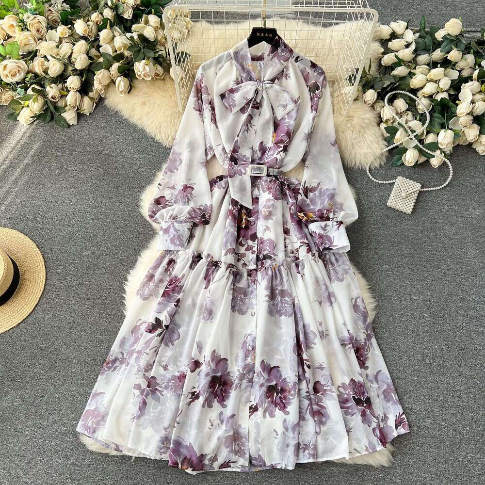 2024 Early Spring New French Bow Neck with Waist Closure for Slimming Mid Length Printed Style Dress Sexy Waist Temperament Self-cultivation Denim Dre