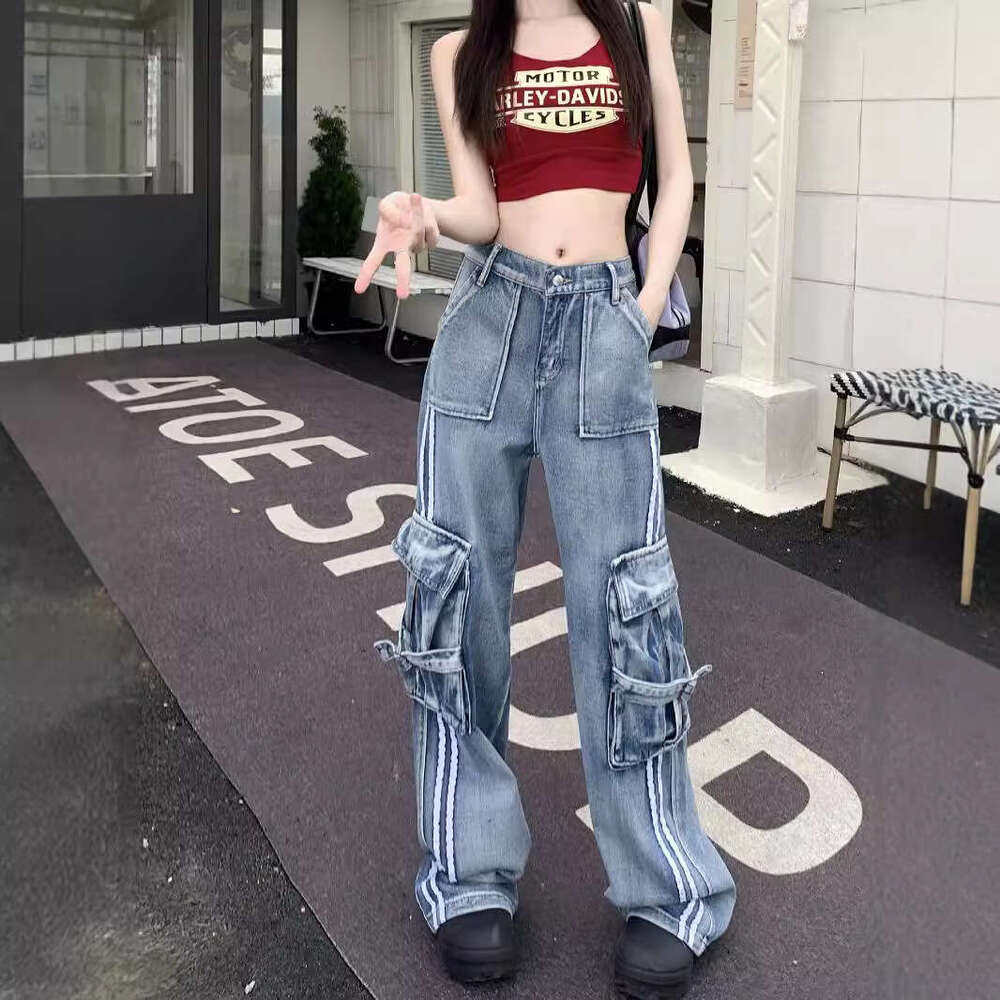 Washed Sports and Casual Wide Leg Three Bar Workwear Jeans for Women with A Slimming Design, Long Pants Super Elasticity Nine Points Military Pants fo