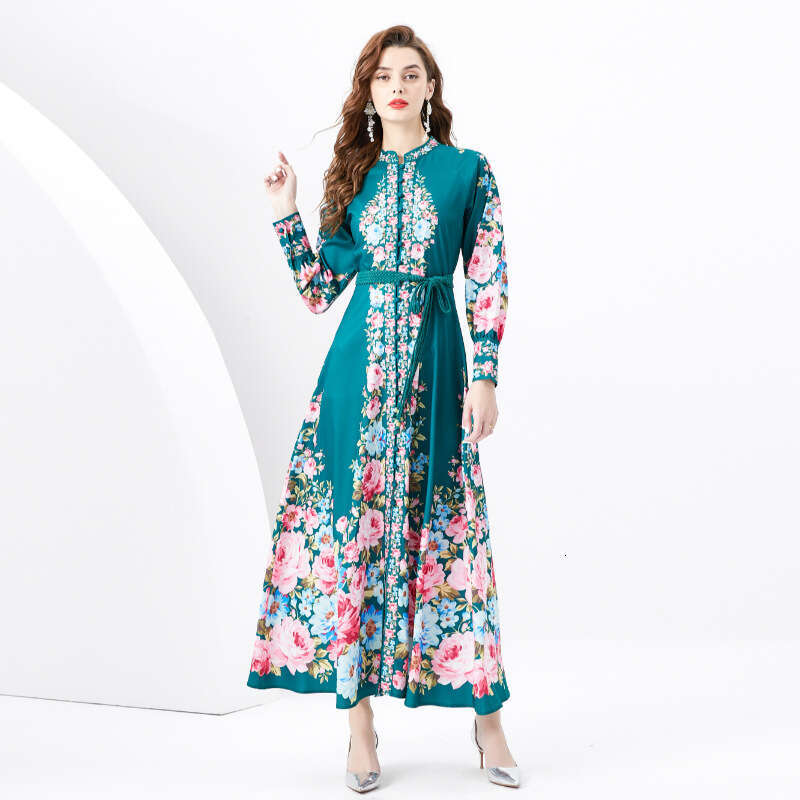 Wind 2024 Spring Vacation Style Stand Up Collar Single Breasted Lantern Sleeves Printed Wide Swing Long Dress Temperament Loose Waist Oversize Dress S