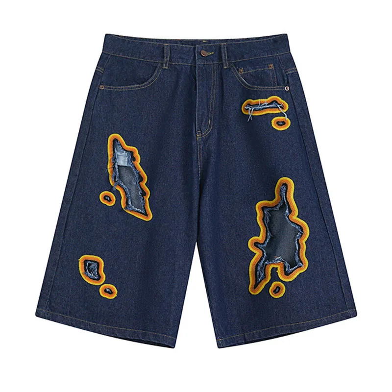 Hi Street Vintage Ripped Denim Shorts Embroidery Streetwear Casual Jeans Shorts For Male 240712