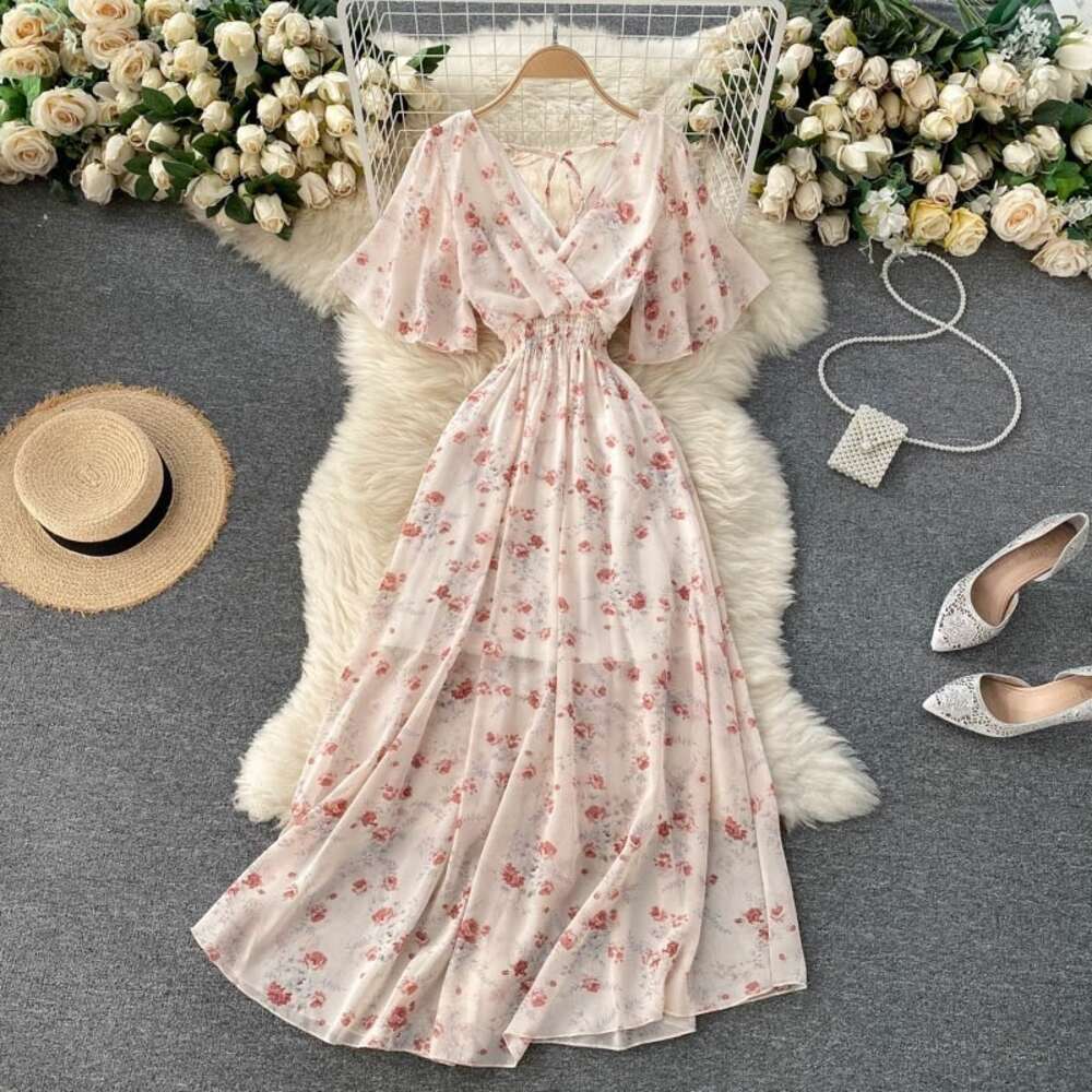 Vacation Dress Summer 2024 New Sexy V-neck Waist Slim and Long Chiffon Flower Beach Skirt Loose Short Sexy Self-cultivation Lace Dress Oversize Dress