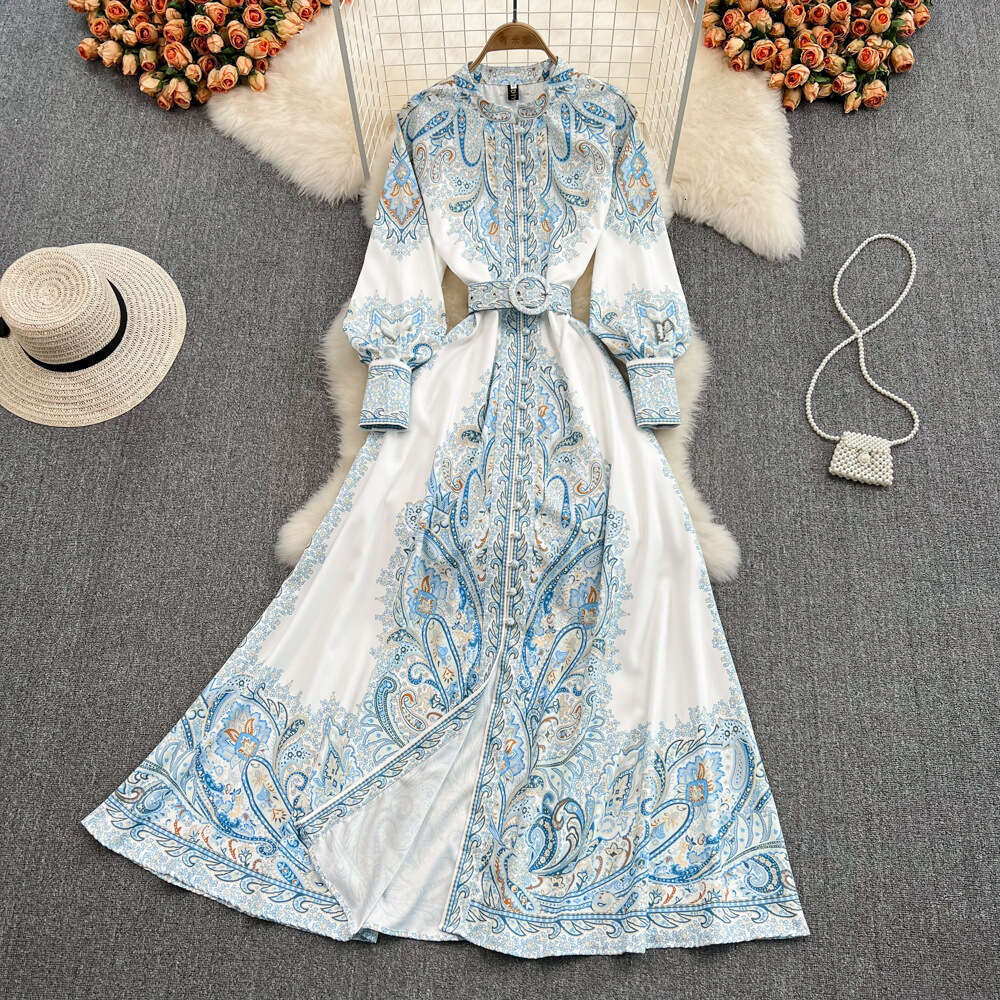 Palace Style Printed Long Sleeved Waist Cinched Single Breasted Lantern Sleeve A-line Large Hem Elegant Formal Dress Temperament Denim Dress SKINNY DR