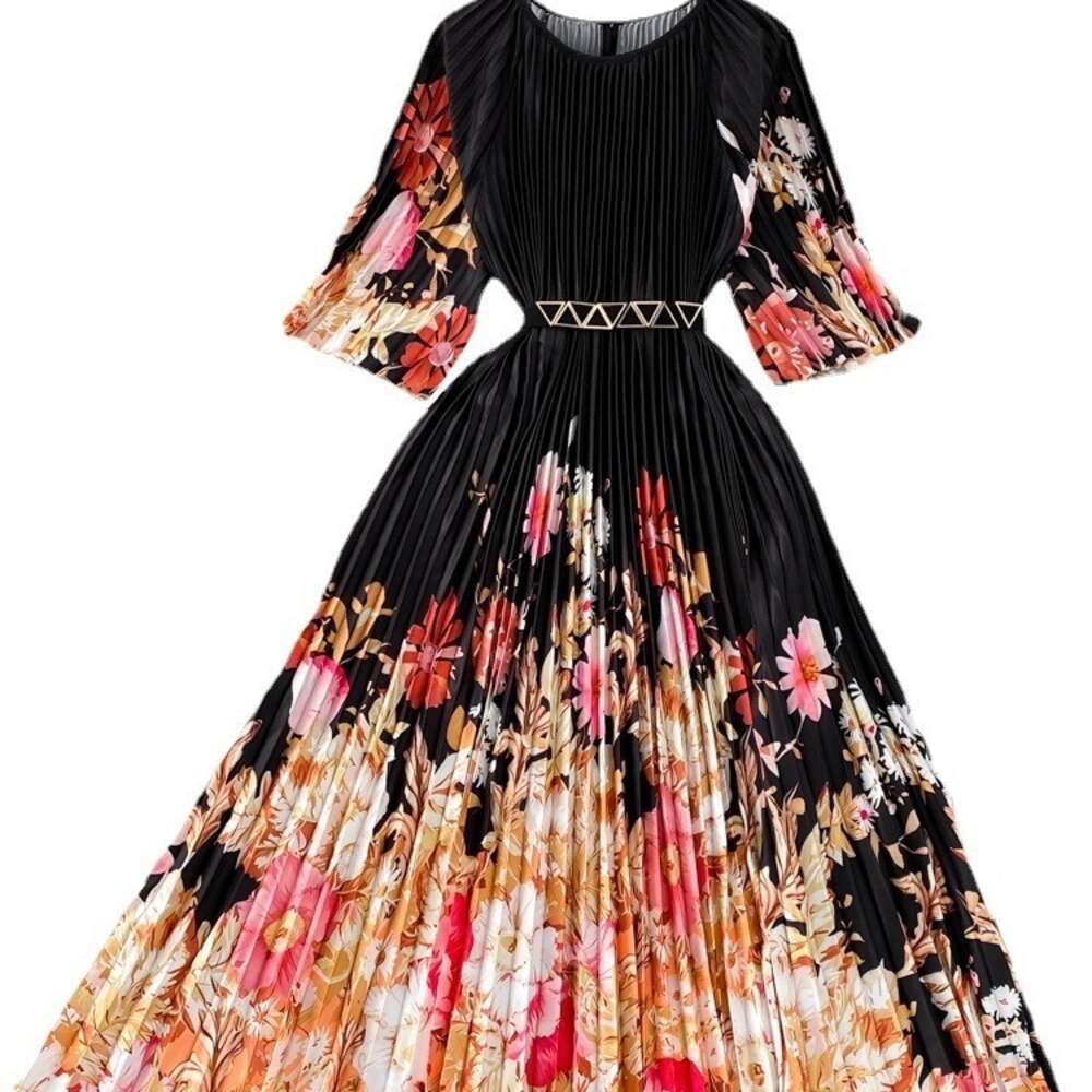 High End, Light Luxury, and Temperament. A Quarter Sleeved Round Neck with A Waist Cinched A-line Pleated Print Dress. Elegant Large Hem Long Skirt