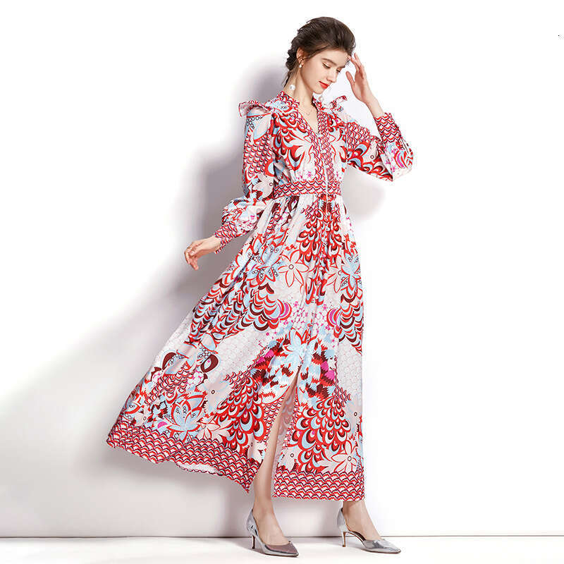 Spring Autumn Seasons Womens Clothing Slim and Elegant V-neck Sleeved Printed Flare Long Dress Self-cultivation Bifurcated Novelty Denim Dress SKINNY 
