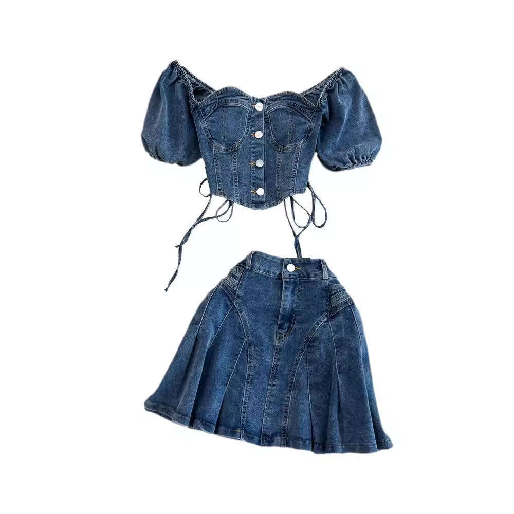 Fashion Set Women with Pure Desire for Sweetness Spiciness, Sweet and Spicy Off Shoulder Denim Strap Top, Two-piece High Waisted Pleated Skirt BOHO DR