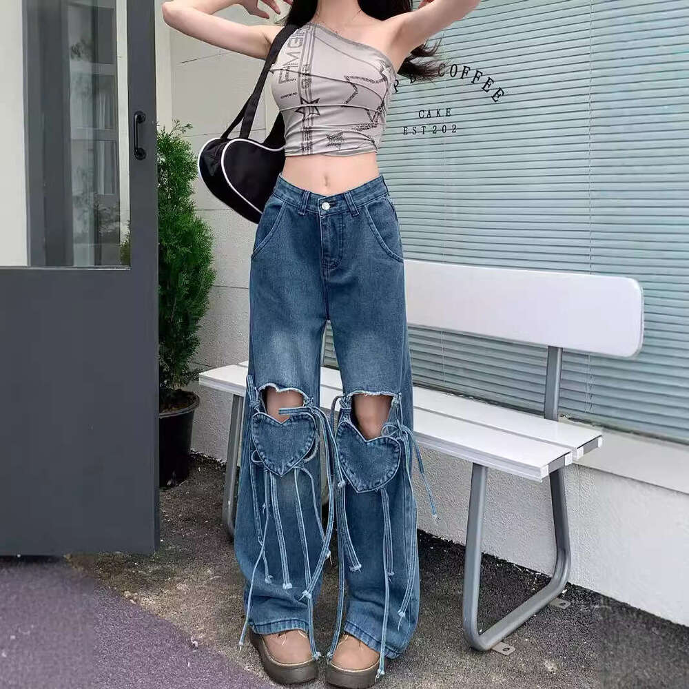Broken Hole Heart-shaped Strap Jeans for Women in Early Spring, High Waist Design, Loose Straight Wide Leg Pants Gold Velvet Pants Waterproof Trousers