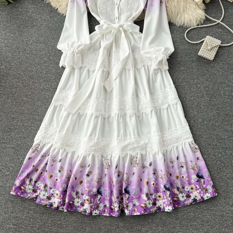 Early Spring New Dress Design with Lace Patchwork, Niche Printed Ruffle Edge Skirt, Bubble Sleeve Shirt Skirt Waist Short Self-cultivation Sexy Round 