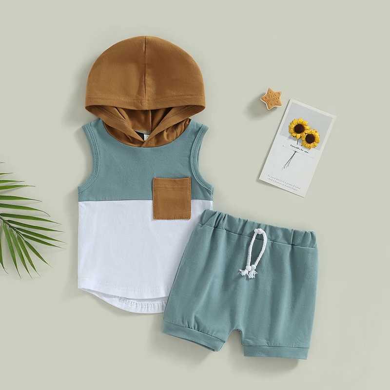 Clothing Sets Kid Baby Boys Summer Clothes Outfits Contrast Color Hooded Sleeveless Pocket Tank Tops and Solid Color Shorts 2Pcs Suit