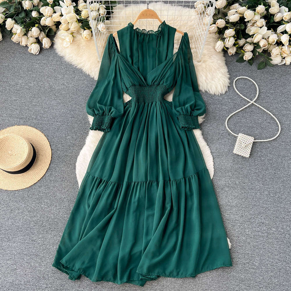 French Style Wooden Ear Edge Off Shoulder Bubble Sleeves with Waistband to Show Slimming Dress, Womens Large Hem Over the Knee Pleated Long Skirt BOHO
