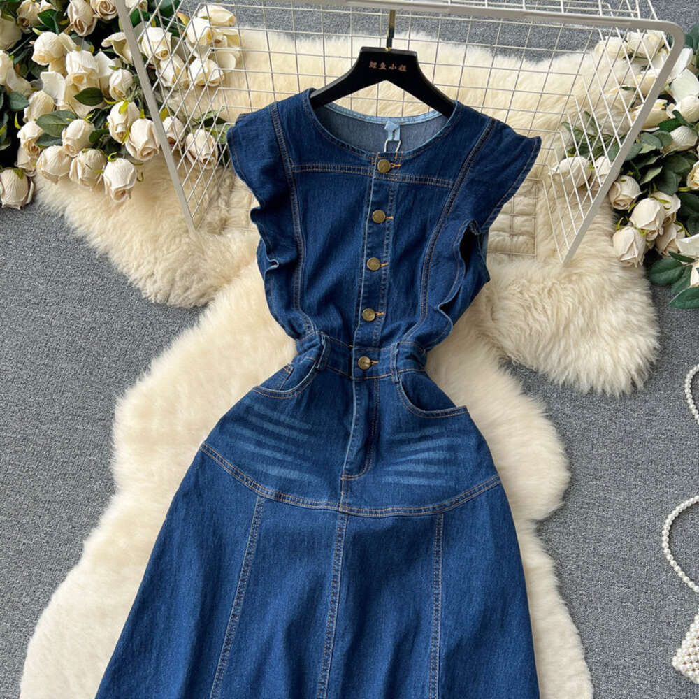 French Hepburn Style Denim Dress, Summer Waist Down, Slimming Temperament, Niche Design, Unique Long Skirt Chiffon Floral Dress Novelty Loose Silk Dre