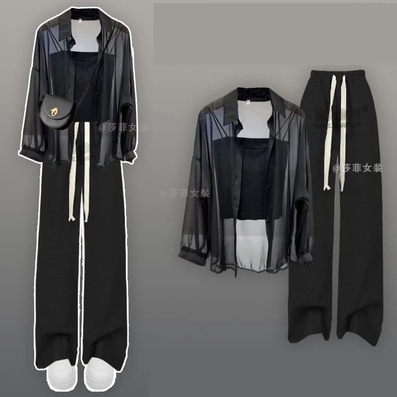 2024 Summer Korean Casual Tracksuit Matching Set Womens Loose Chiffon Sunscreen Shirtsuspenderwide Leg Pants 3 Piece Suit 240716