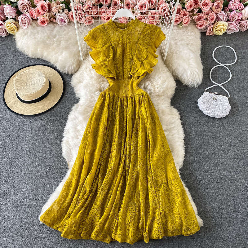 Spring Autumn Lace Round Neck Sleeves Fashionable Slimming and Elegant Ruffle Edge Long Skirt Dress Short Loose Temperament Bifurcated Silk Dress Deni