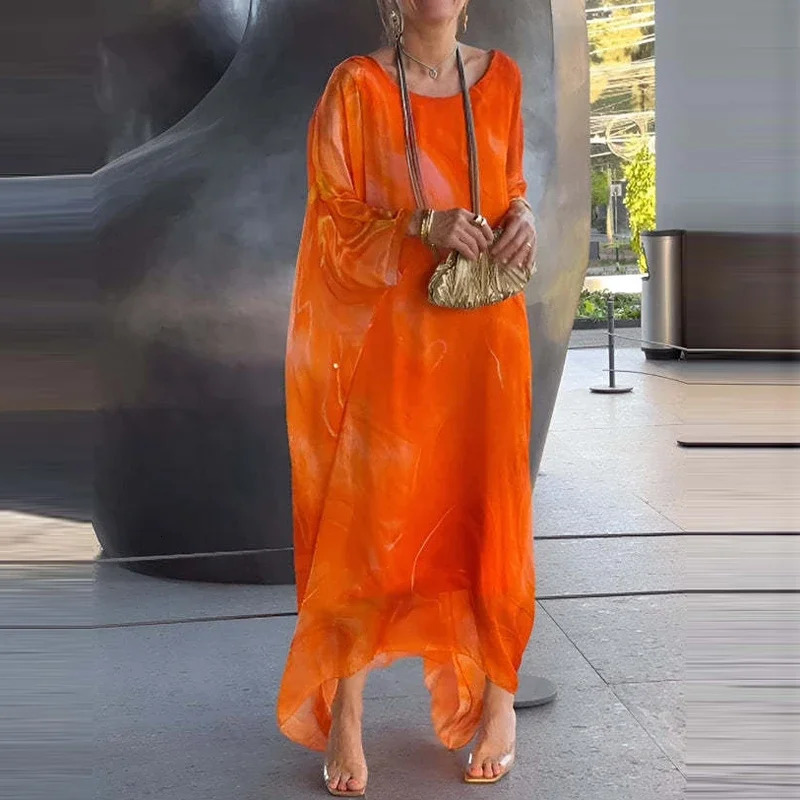 Elegant Marble Texture Print Commuting Dress Women Spring Round Neck Long Chiffon Dresses Summer Batwing Sleeve Loose Boho 240712