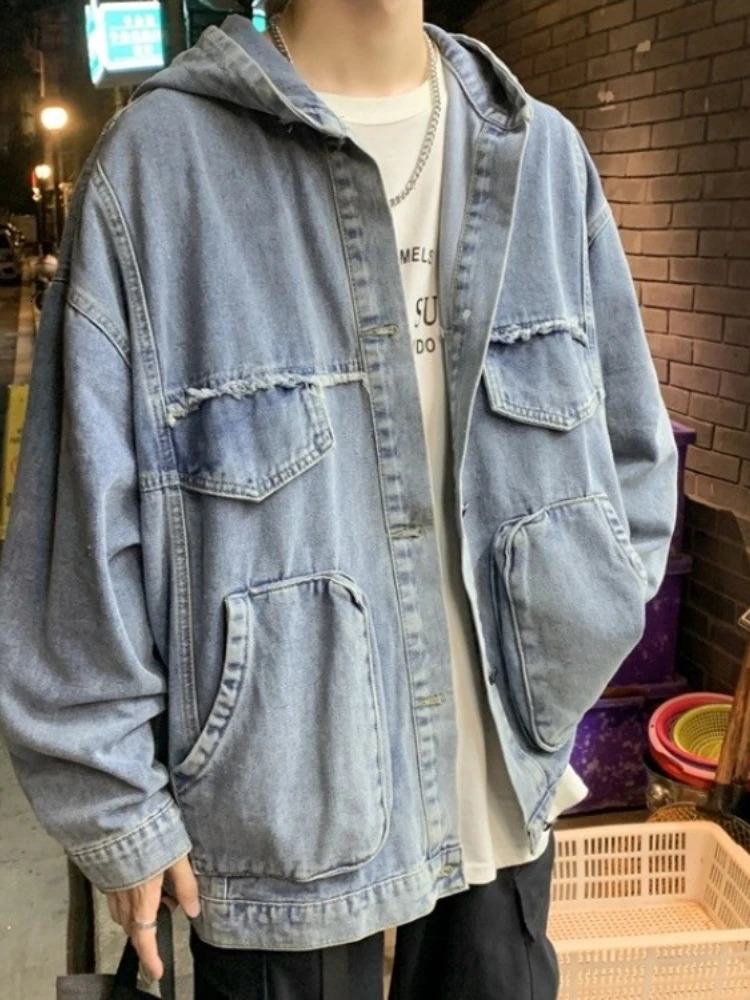 Gmiixder Spring Autumn Vintage Denim Jacket Threedimensional Pocket Workwear Top Men High Street Coat Handsome Wash Jeans 240716