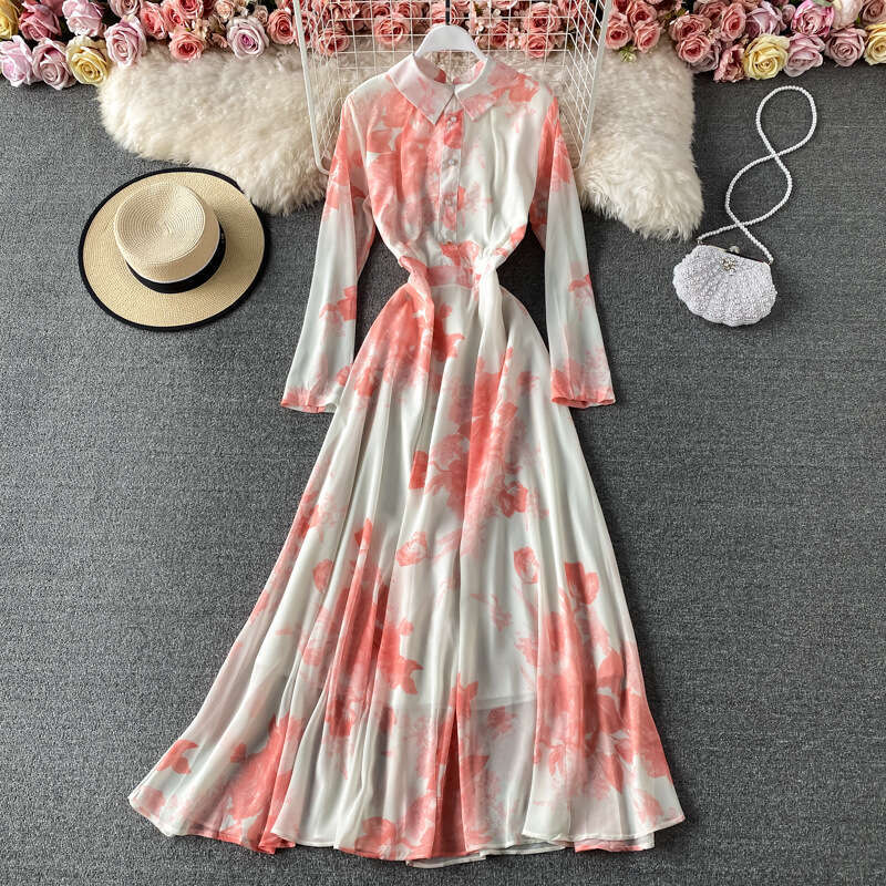 Gentle Style Large Swing Shirt Neck Dress Ink Painted Print Temperament Slim Fit Long Skirt Sexy Dress Loose Bifurcated Sexy SKINNY DRESS High Waist D