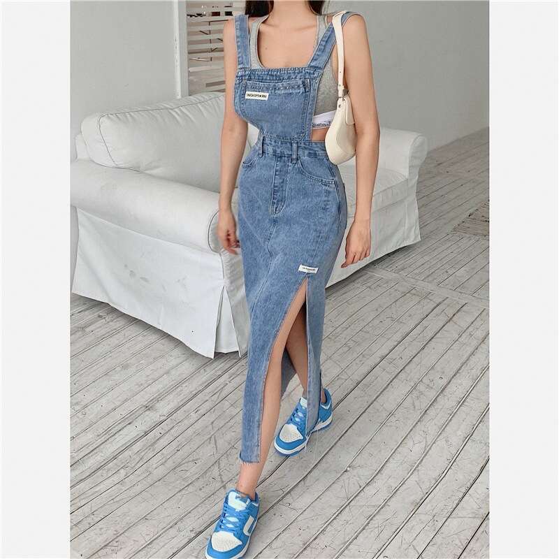 Fashion Spicy Girl Ins Trendy Label Shoulder Strap with Split Hong Kong Style Fringed Denim Skirt Fishtail Dress Temperament Self-cultivation Lace Dre