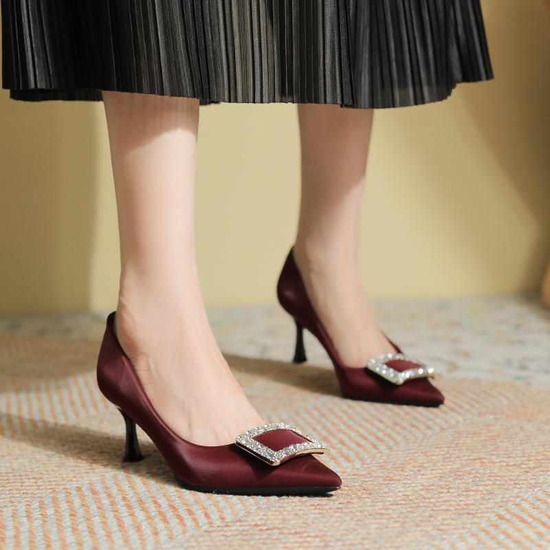 Water Dia Square Buckle High For Women Pointed Toes Thin Heels Sheepskin Single Shoes Fashionable Easy To Understand Spring And Autumn