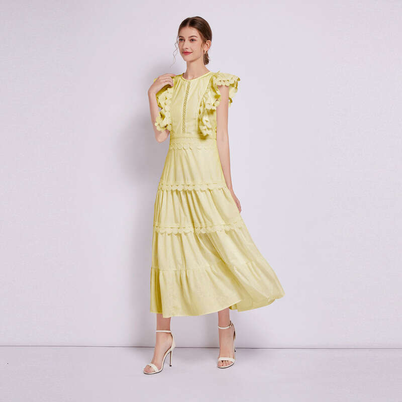 French Heavy Industry Embroidery Round Neck Flying Sleeves Waist Collection Design Solid Color Womens Dress A-line New Product Novelty Denim Dress Sil