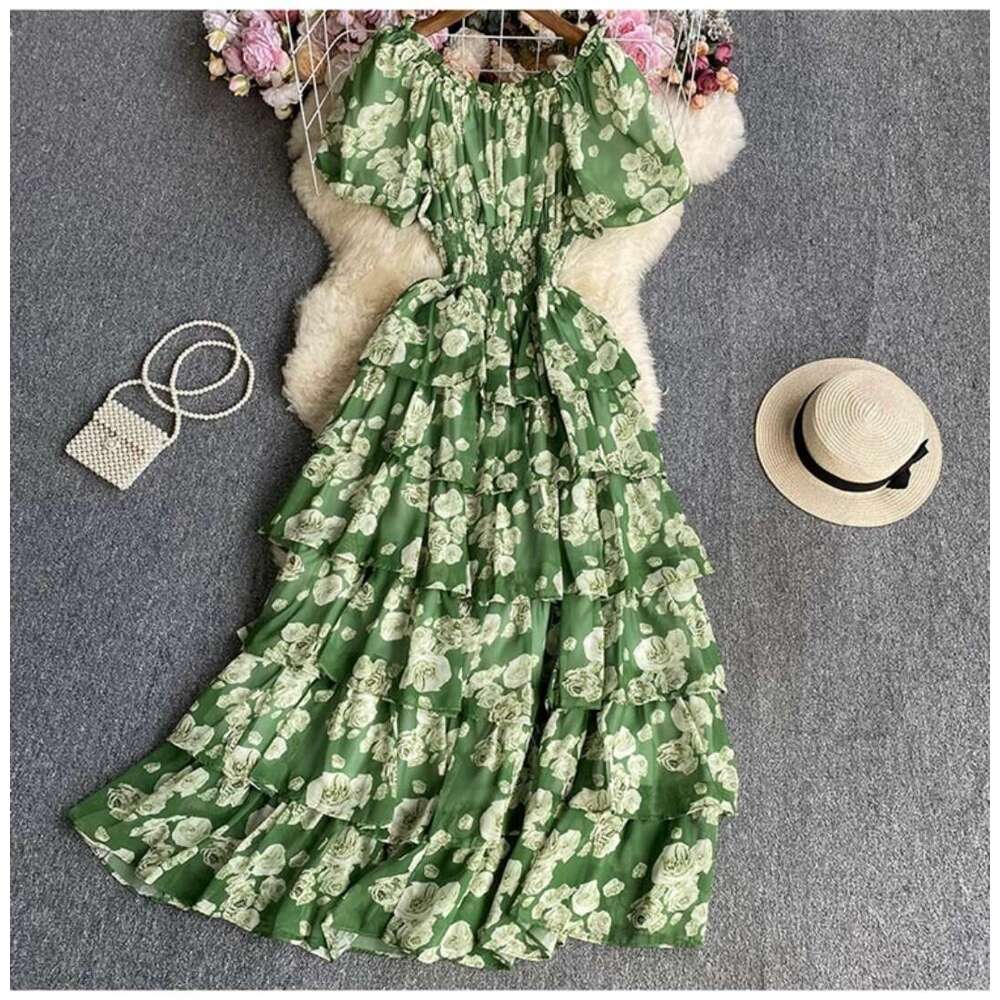 Fragmented Chiffon for Womens Summer New Bubble Short Sleeved Waist Slimming Holiday Luxury Cake Dress Fishtail Dress Waist Short BOHO DRESS High Wais