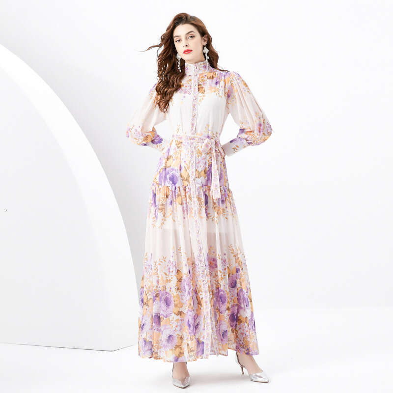 Spring/summer 2024- Palace Style Standing Neck Lantern Sleeves Wave Edge Long Printed Dress Loose Waist Self-cultivation Sexy Bifurcated Oversize Dres