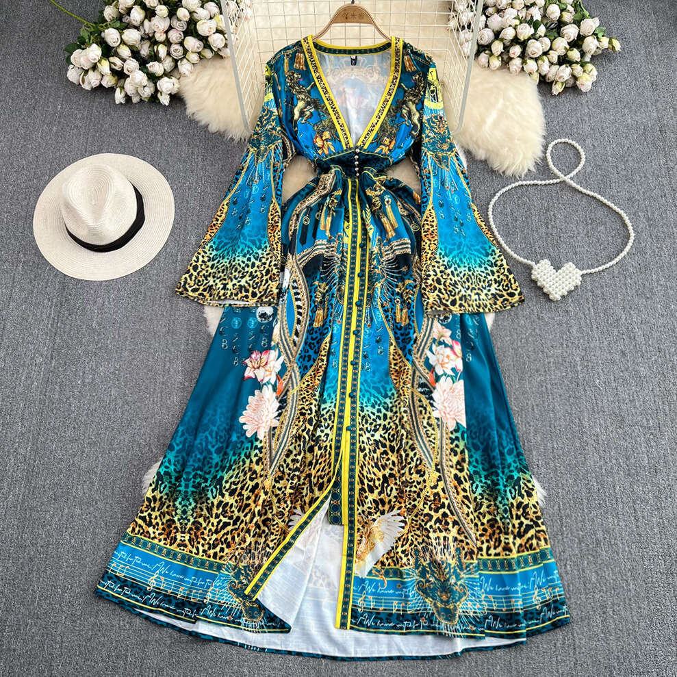 High End Temperament Speaker Sleeved V-neck Waistband Slimming Single Breasted A-line Printed Dress Elegant Long Skirt Short Temperament BOHO DRESS De